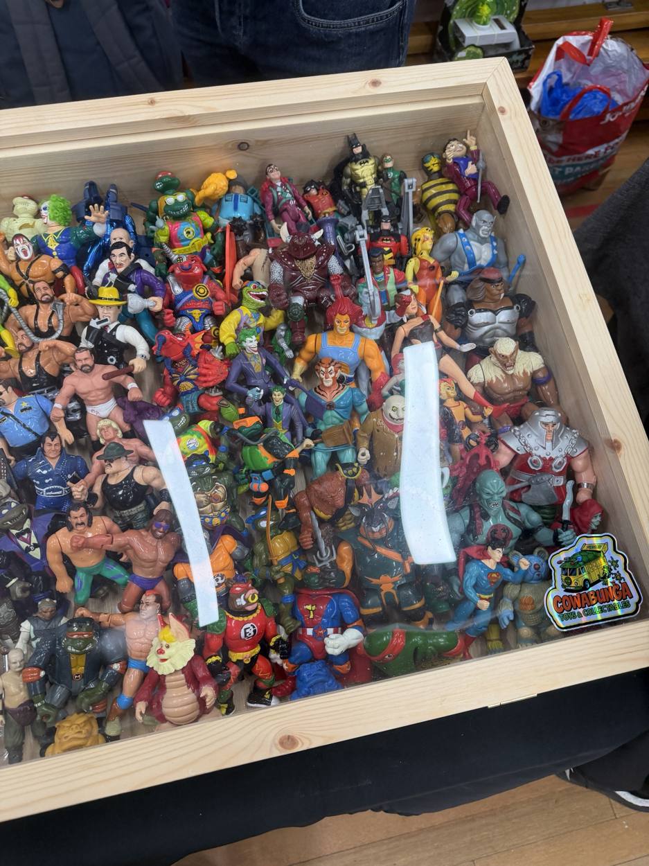 Display case full of loose 80s and 90s action figures