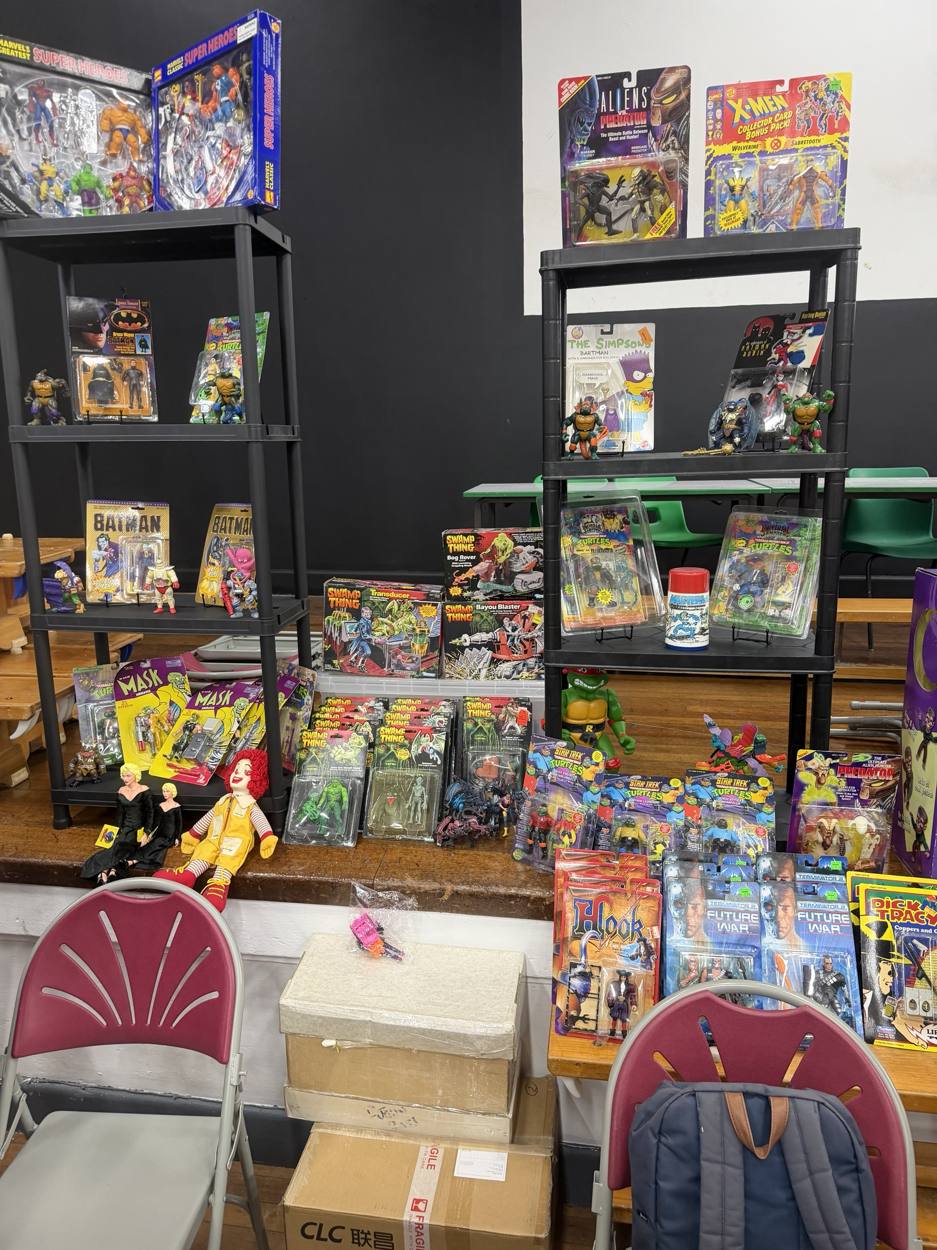Carded 90s Swamp Thing, Batman, Turtles and Terminator 2 figures on shelves